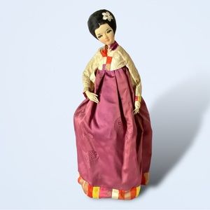 Vintage 19” Korean Silk Cloth Doll Painted Face Traditional Dress Hanbok